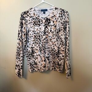 Karen‎ Scott Cardigan Womens PM White Animal Print Collarless Lightweight Button